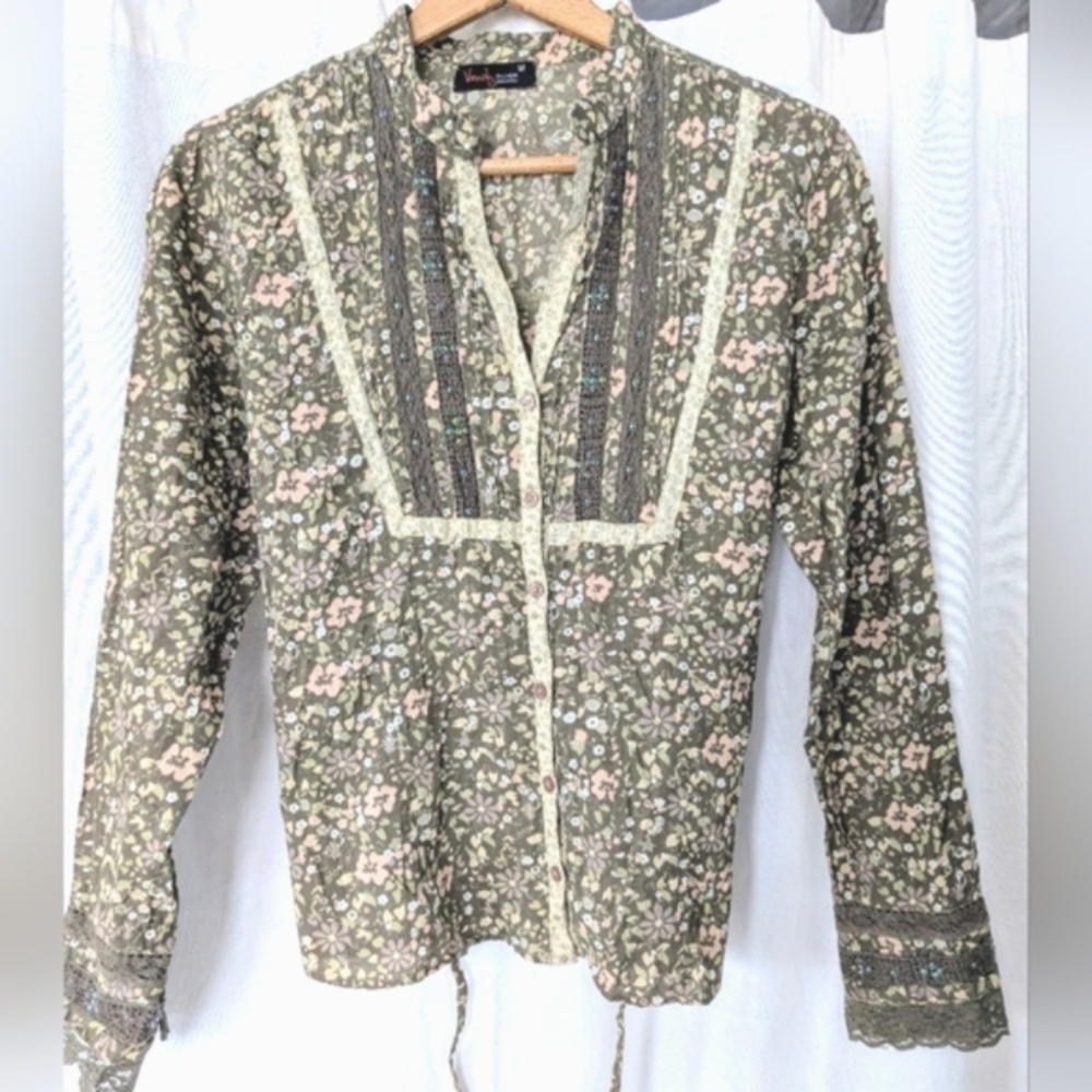 Italian Made Floral Button-Up Blouse with Back Tie